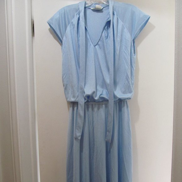 Vintage 1970s 80s Dress Retro Sears Turquoise Blue Polyester - Picture 1 of 16